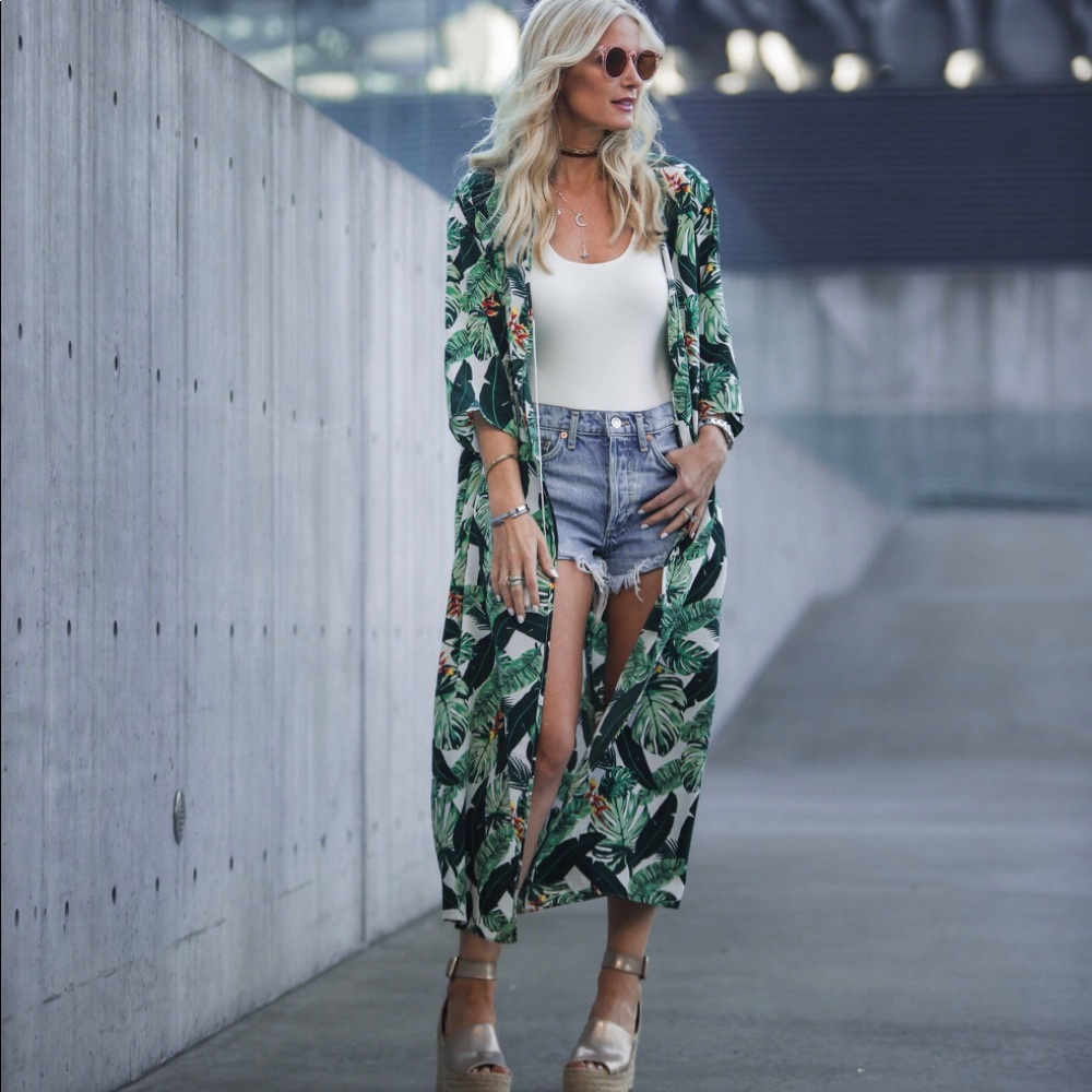 RACHEL ZOE Green Tropical Palm Print Duster Jacket